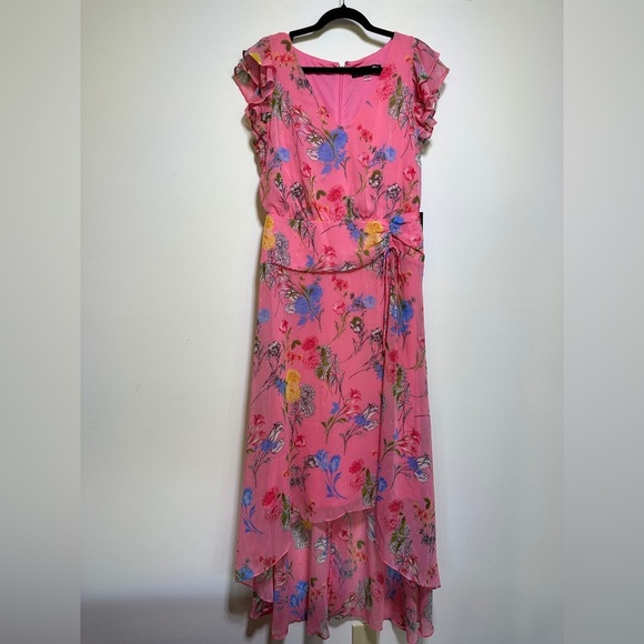 Karl Lagerfeld Pink Floral High-Low Midi Dress NWT | Flutter Sleeve Asymmetrical - Picture 1 of 9